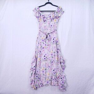 Melloday Maxi Dress Medium Pink Cottagecore Prairie Floral Ruffle Sundress